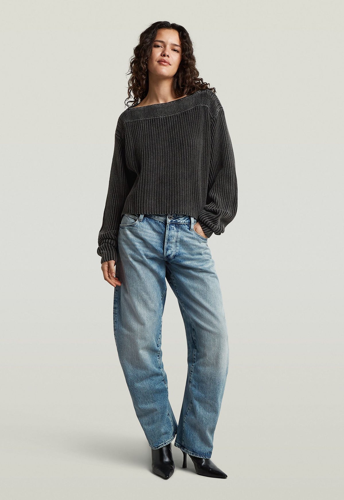 Light Gray סוודר לנשים Washed Open Neck Knit G STAR