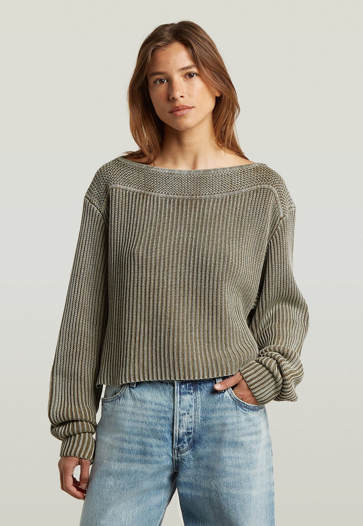 Light Gray סוודר לנשים Washed Open Neck Knit G STAR