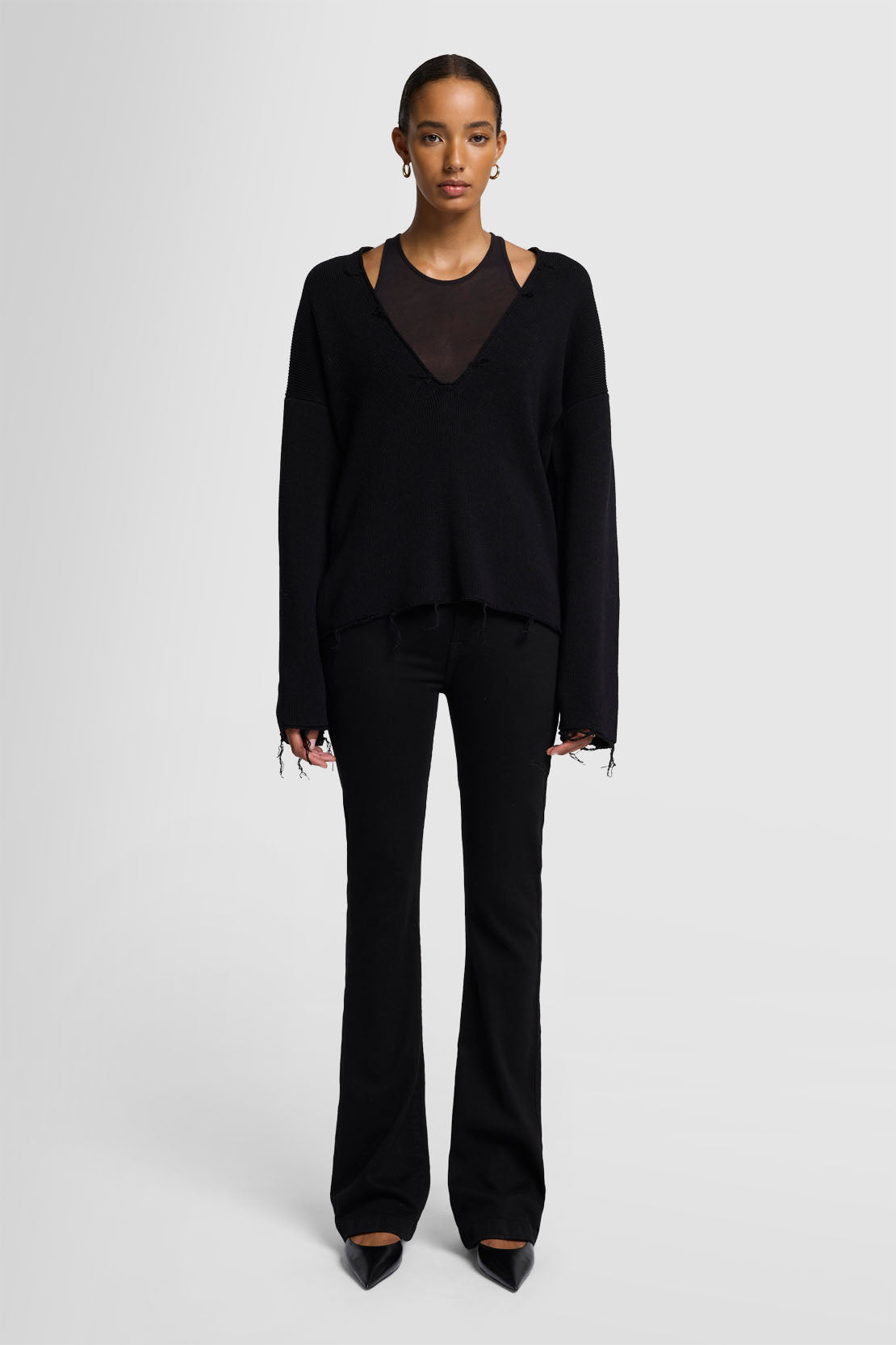 Light Gray סוודר וי לנשים SEVEN FOR ALL MANKIND