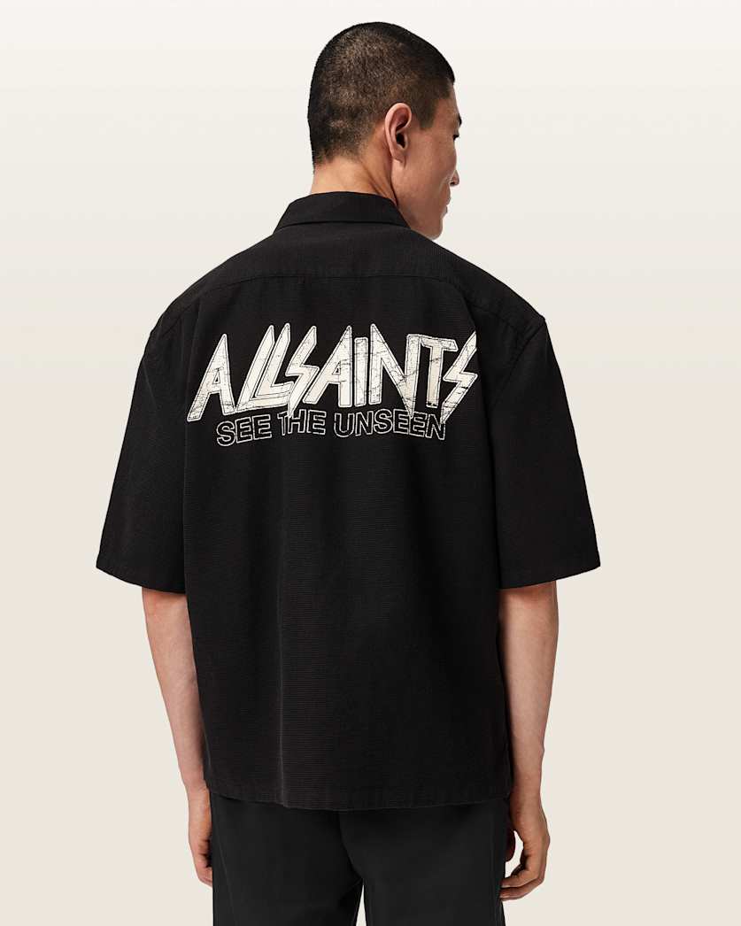 Black חולצה מכופתרת קצרv אוברסייז לגברים Synth ALLSAINTS