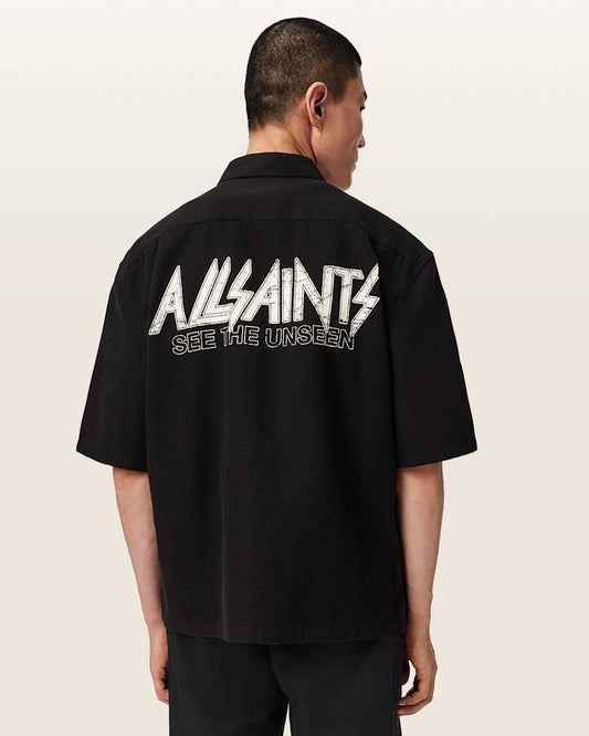 Black חולצה מכופתרת קצרv אוברסייז לגברים Synth ALLSAINTS