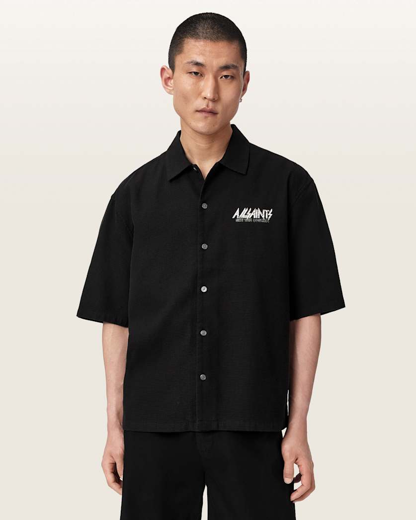 Black חולצה מכופתרת קצרv אוברסייז לגברים Synth ALLSAINTS