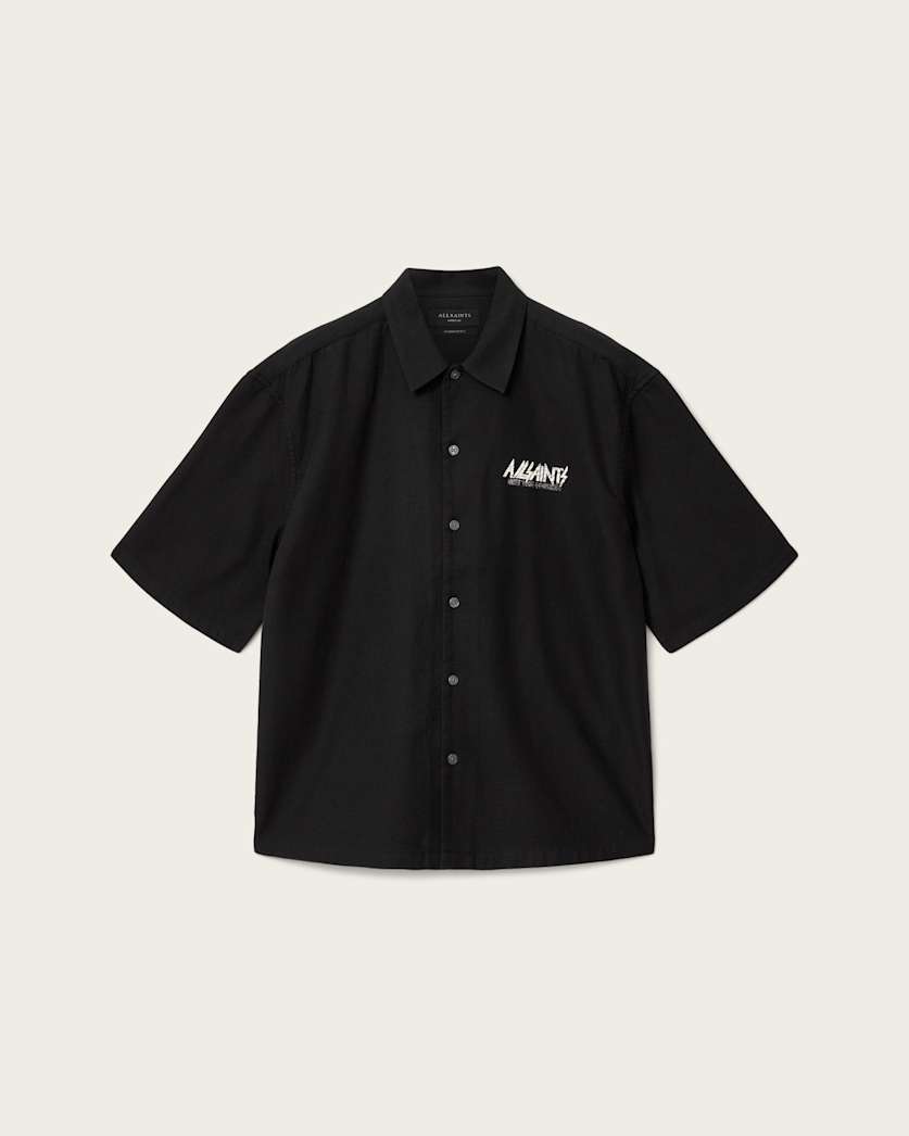 Black חולצה מכופתרת קצרv אוברסייז לגברים Synth ALLSAINTS