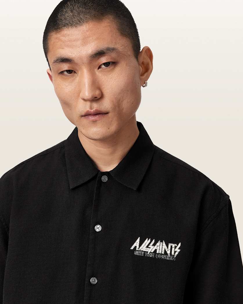 Black חולצה מכופתרת קצרv אוברסייז לגברים Synth ALLSAINTS