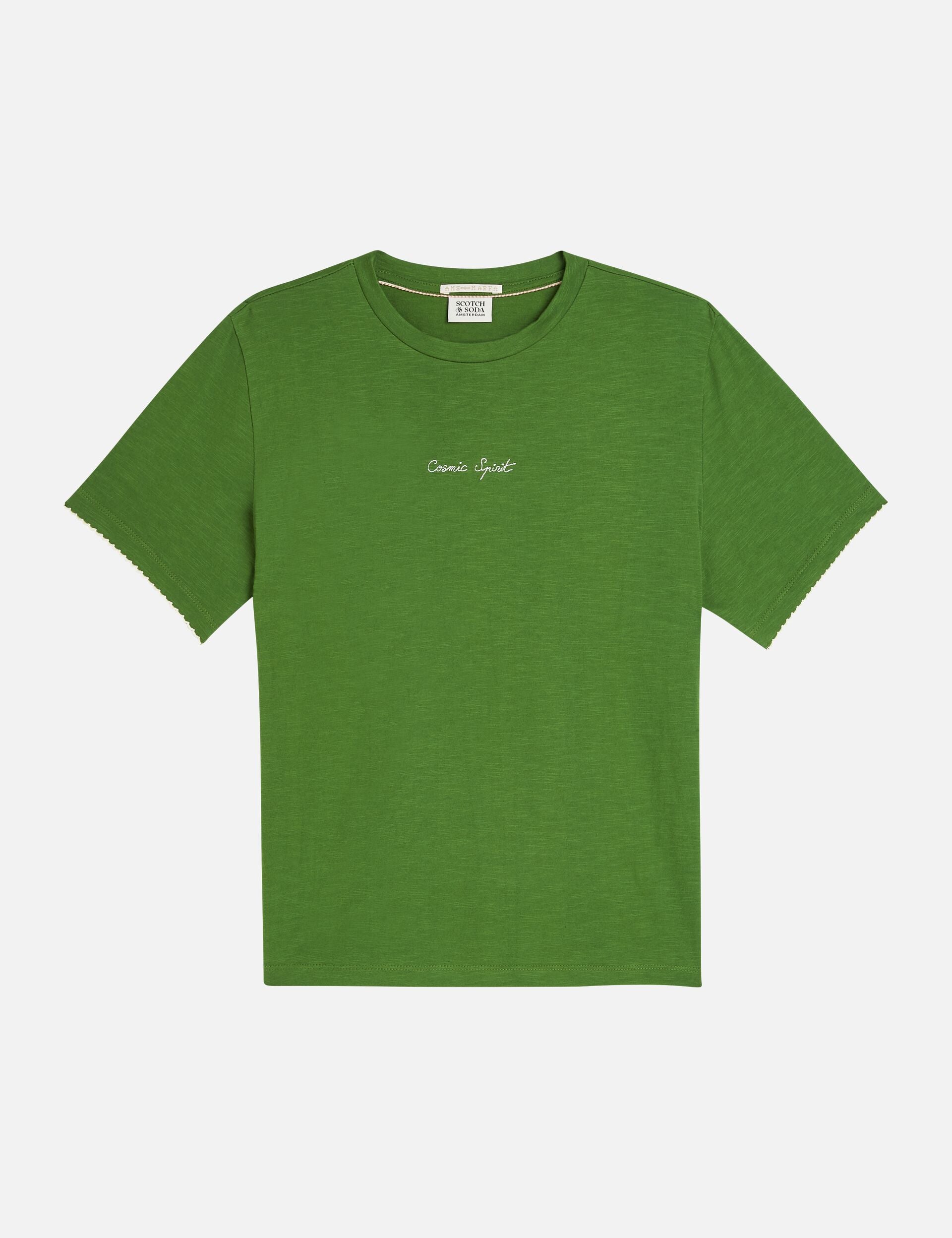 Dark Olive Green טי שירט קצרה לנשים Embroidered Slub SCOTCH & SODA