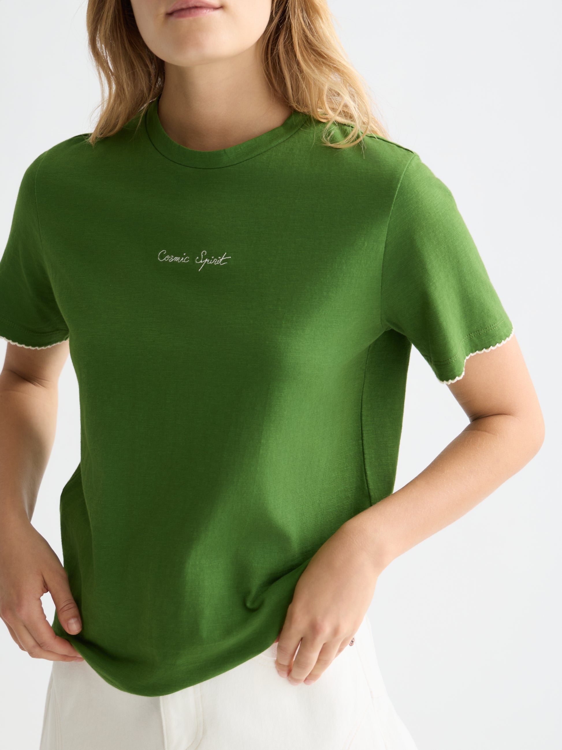 Dark Green טי שירט קצרה לנשים Embroidered Slub SCOTCH & SODA