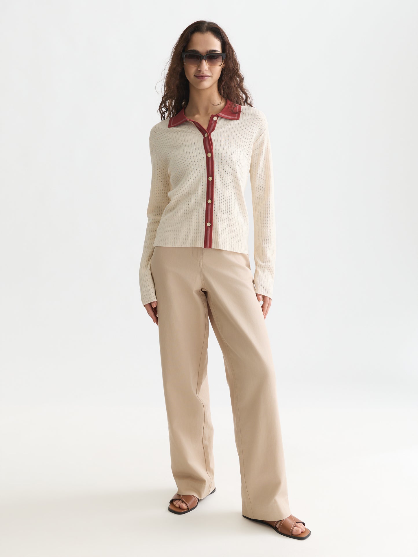 White Smoke קרדיגן לנשים Pointelle Knitted Polo-Neck SCOTCH & SODA