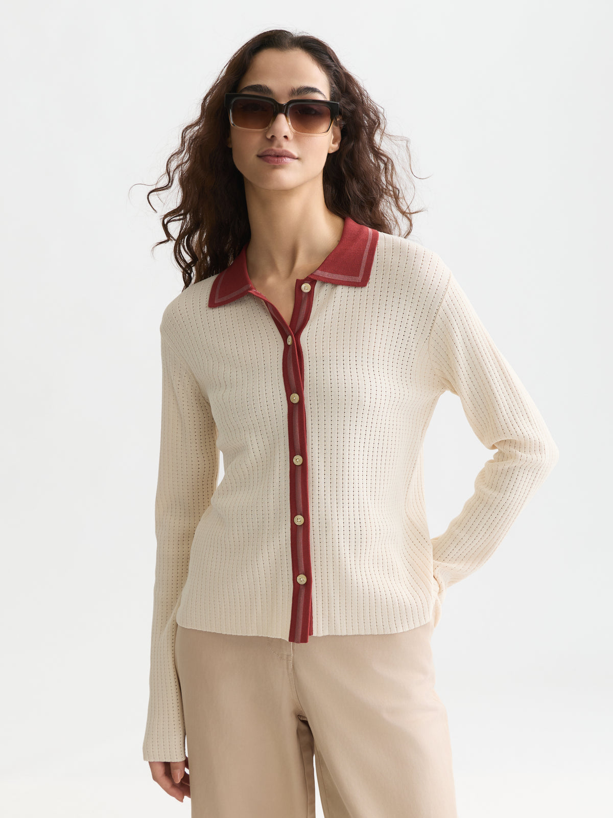 Lavender קרדיגן לנשים Pointelle Knitted Polo-Neck SCOTCH & SODA
