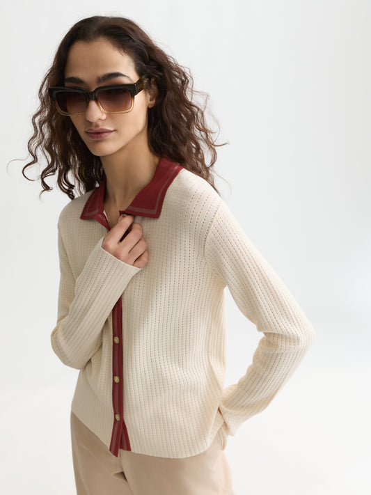 Lavender קרדיגן לנשים Pointelle Knitted Polo-Neck SCOTCH & SODA
