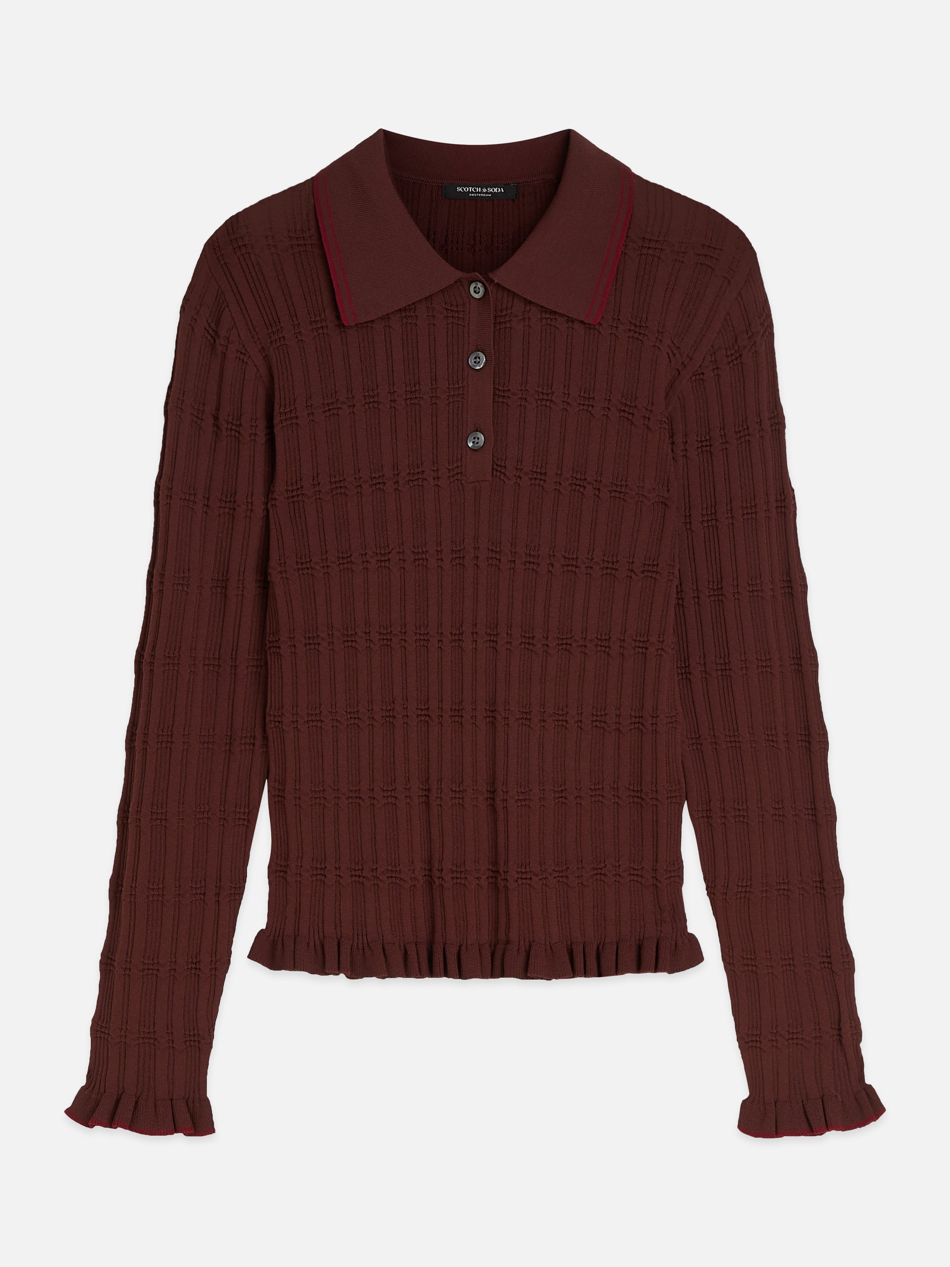Dark Red חולצה ארוכה לנשים Ripple Stitch SCOTCH & SODA