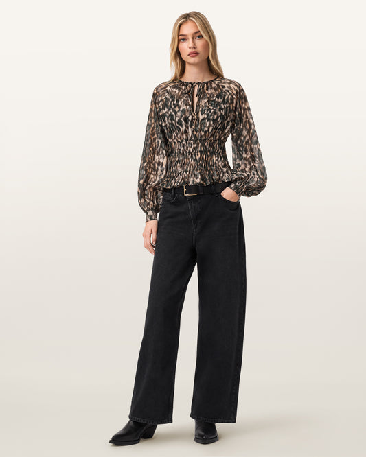 חולצה פרינט מנומר ארוכה לנשים Cern Top