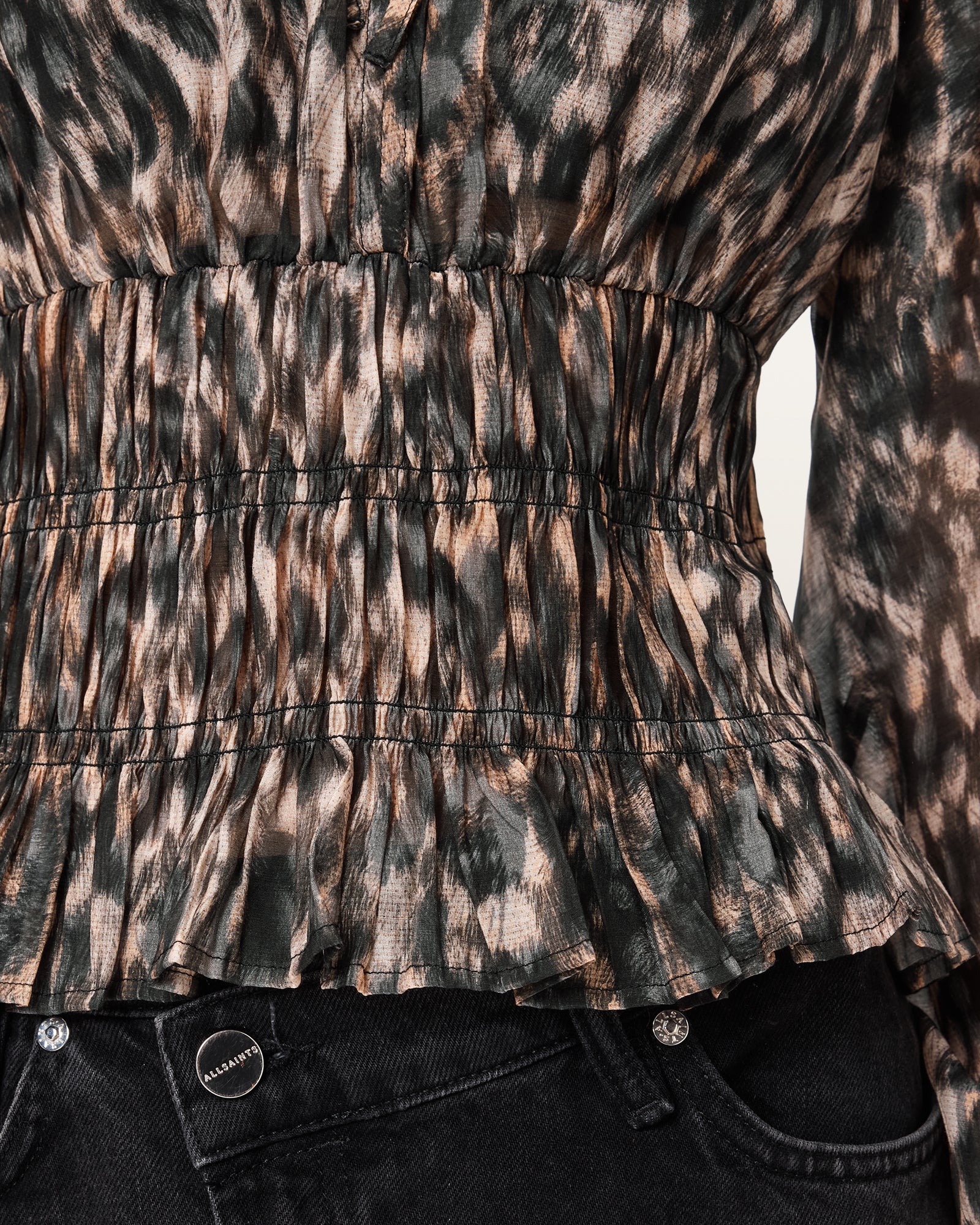 Black חולצה פרינט מנומר ארוכה לנשים Cern Top ALLSAINTS