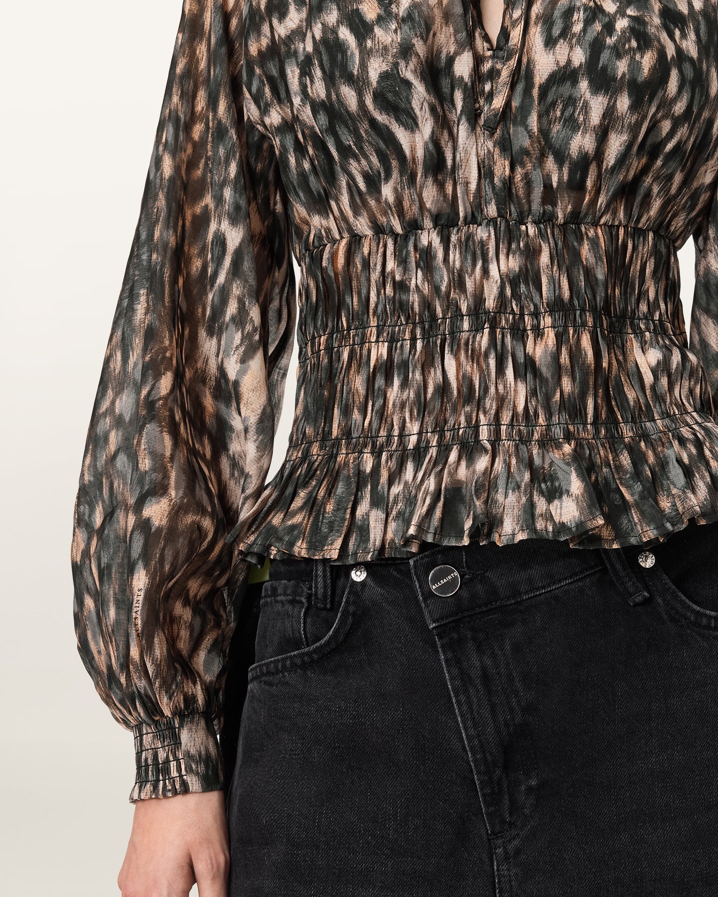 Black חולצה פרינט מנומר ארוכה לנשים Cern Top ALLSAINTS