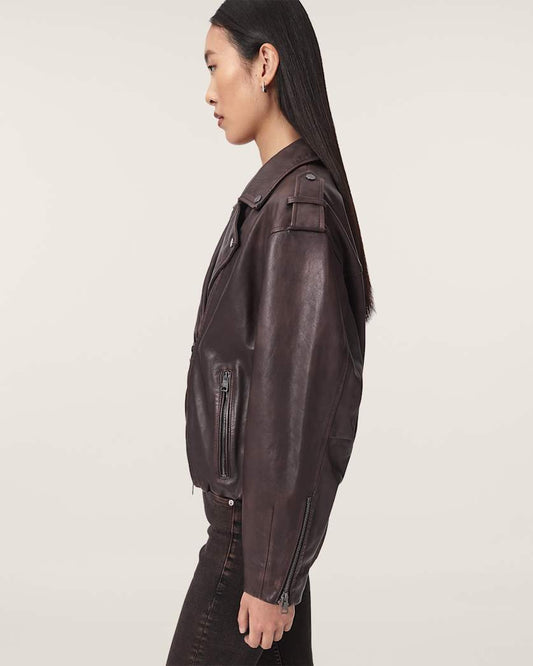 Dark Slate Gray ג'קט ביקר מעור בגזרה רגועה לנשים Samina ALLSAINTS