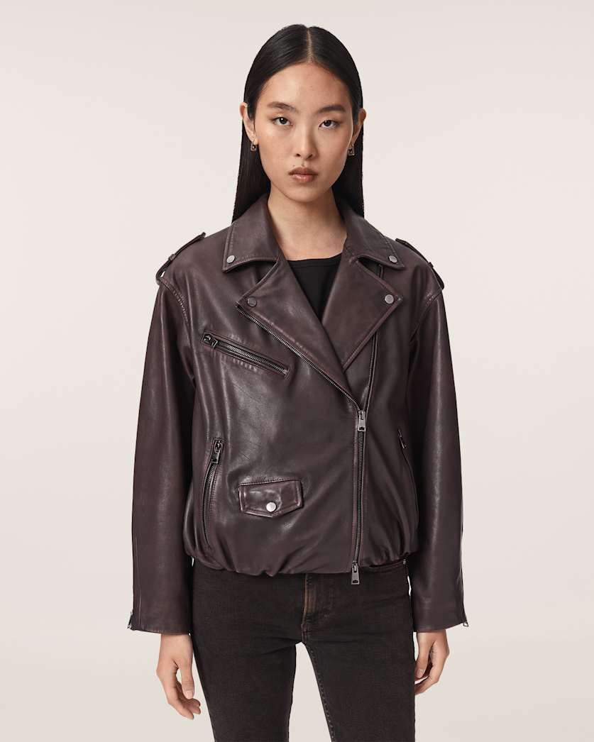 Dark Slate Gray ג'קט ביקר מעור בגזרה רגועה לנשים Samina ALLSAINTS