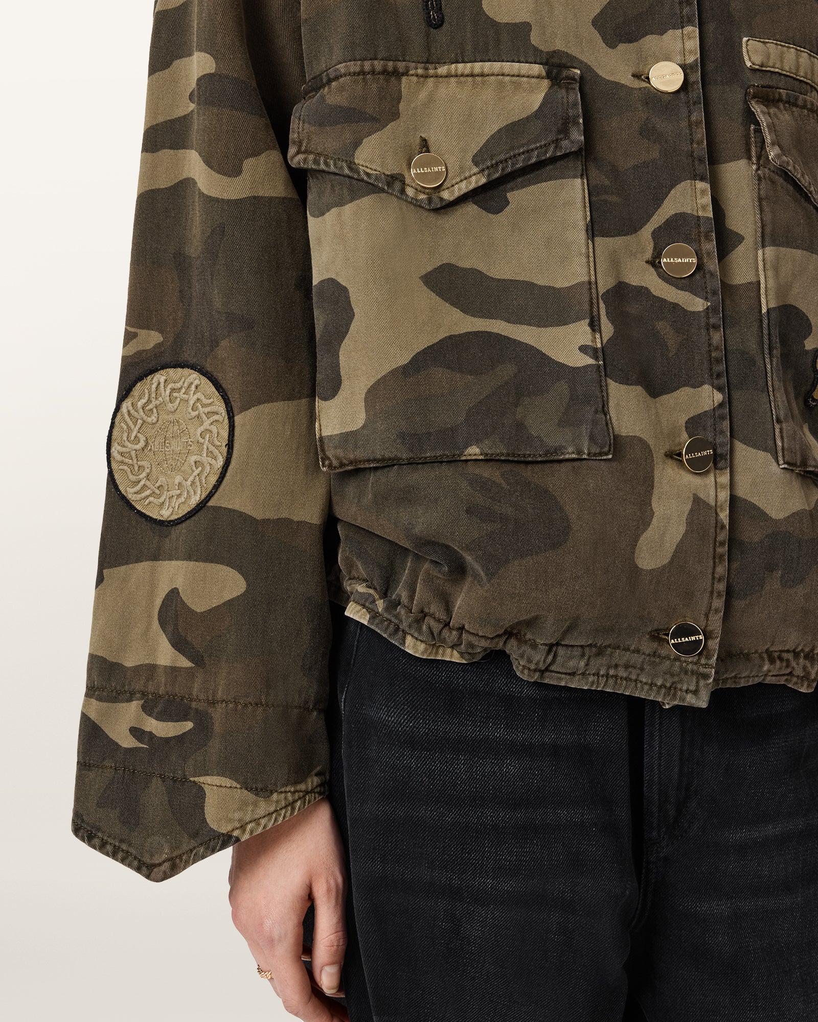 Black ג'קט פרינט צבאי לנשים Clay Patch Jacket ALLSAINTS