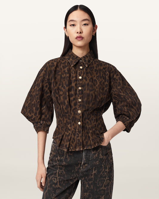 חולצה מכופתרת בפרינט מנומר קצרה לנשים Nancy Denim Shirt