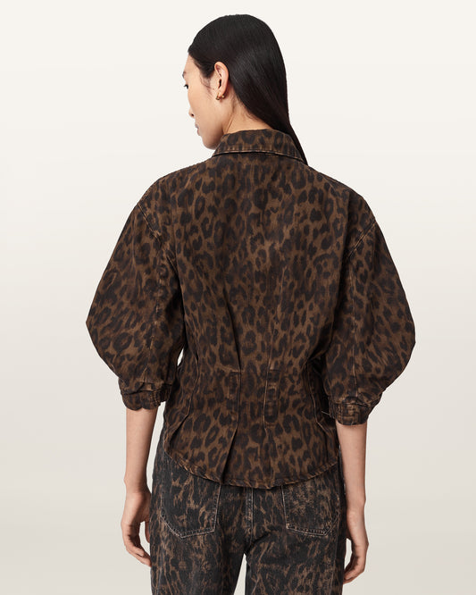 חולצה מכופתרת בפרינט מנומר קצרה לנשים Nancy Denim Shirt