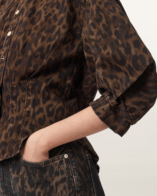 חולצה מכופתרת בפרינט מנומר קצרה לנשים Nancy Denim Shirt