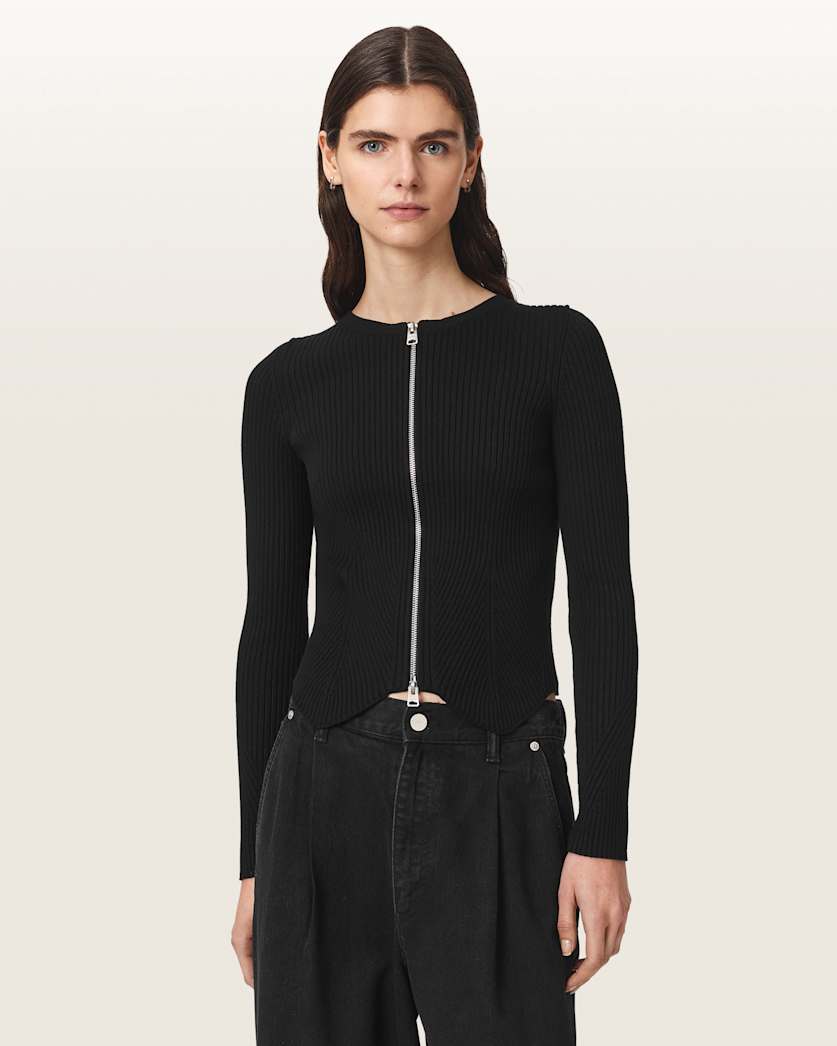 Black קרדיגן סריג עם שני רוכסנים לנשים Cruz ALLSAINTS