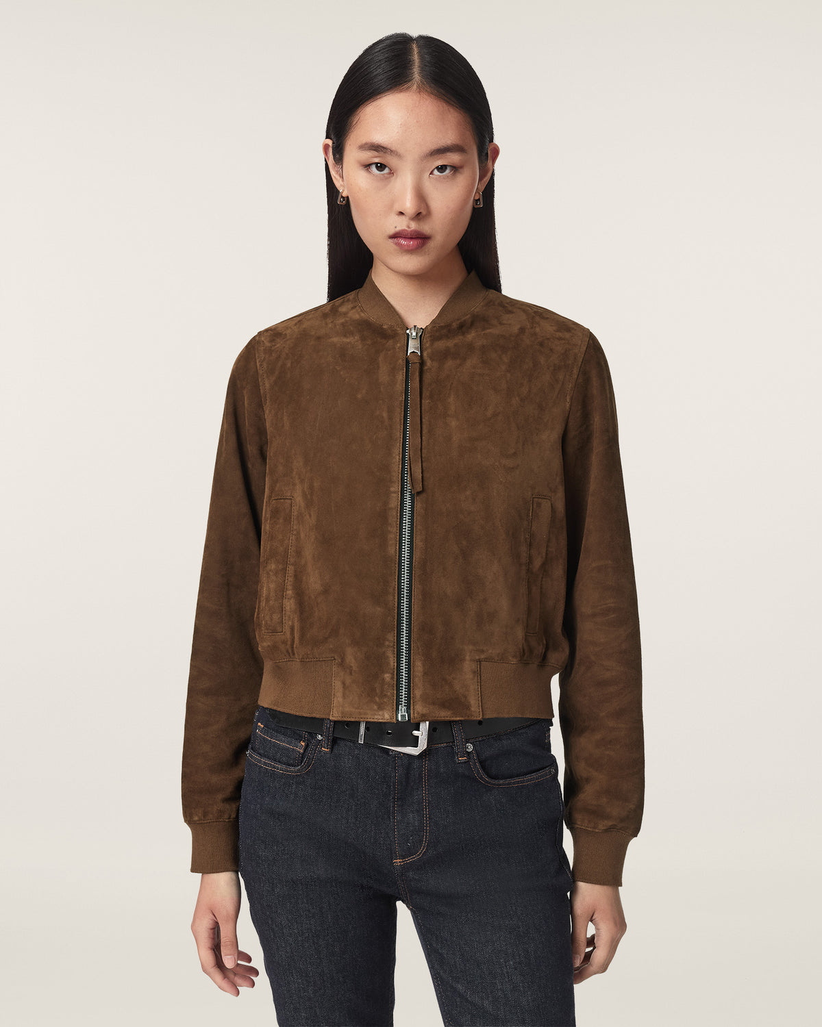 Dark Olive Green Orten suede bomber מעיל אופנה לנשים ALLSAINTS