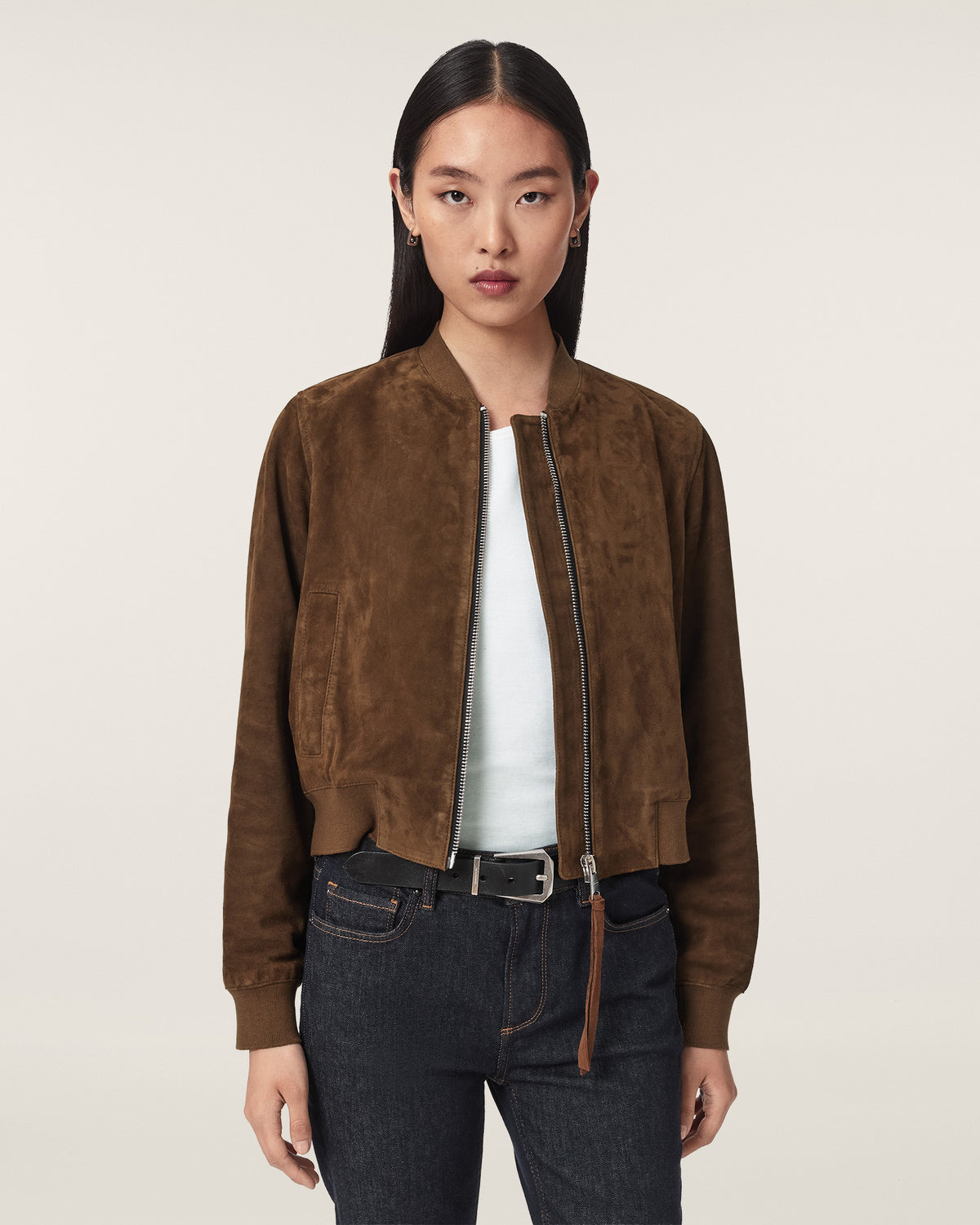 Antique White Orten suede bomber מעיל אופנה לנשים ALLSAINTS
