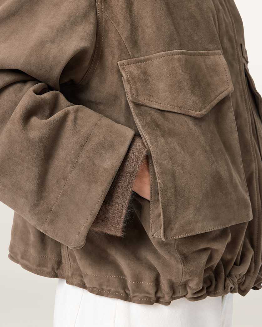 Dark Olive Green ג'קט מזמש קרופ עם צווארון משפך לנשים Clay ALLSAINTS