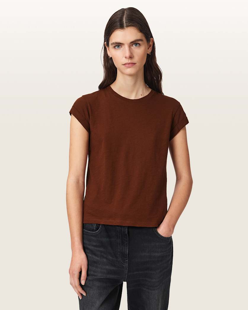 Saddle Brown טי שירט קצרה עם צווארון עגול לנשים Anna ALLSAINTS