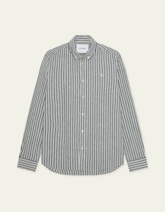 Dark Gray חולצה מכופתרת ארוכה לגברים Stripe Cotton-Linen Shirt LES DEUX