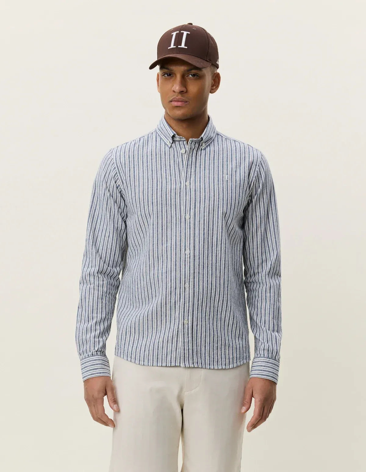 Lavender חולצה מכופתרת ארוכה לגברים Stripe Cotton-Linen Shirt LES DEUX
