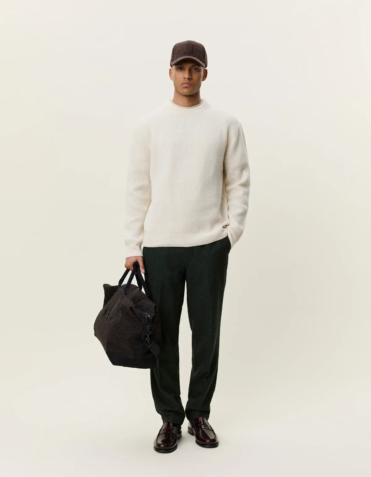 Antique White סוודר לגברים Wool Rib Roundneck Knit LES DEUX
