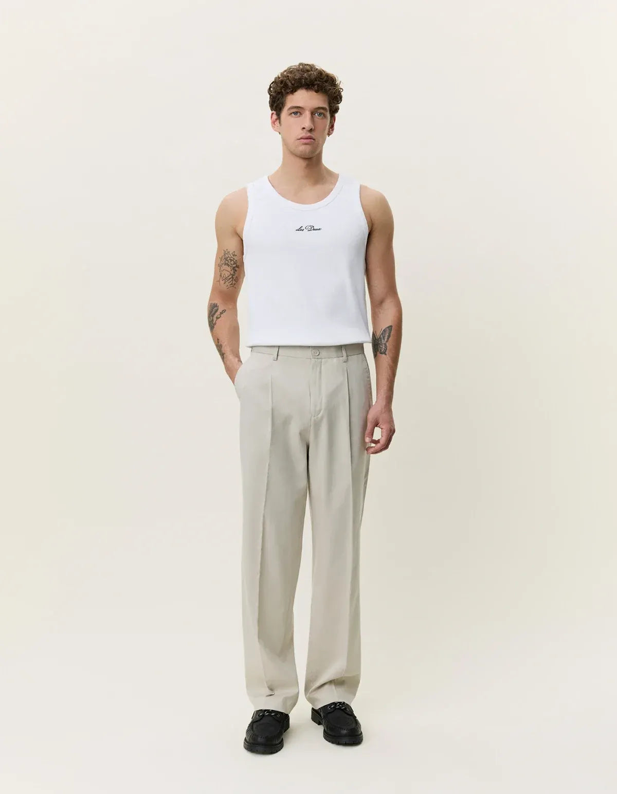 Antique White מכנסיים ארוכים לגברים Pleated Twill Suit Pants LES DEUX